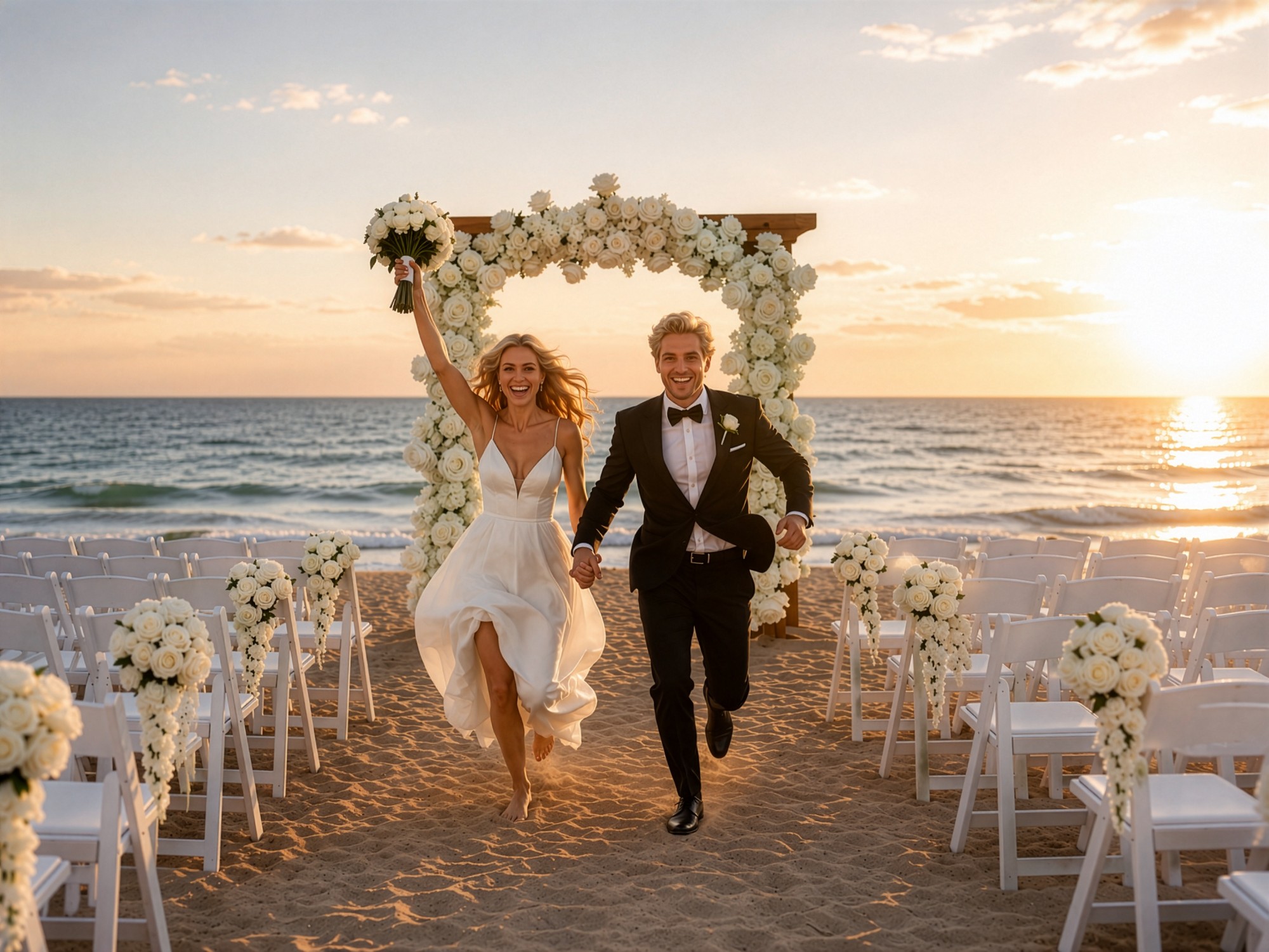 Bride and groom celebrating at a golden-hour beach wedding